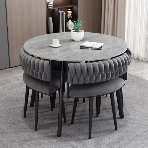 VTELGT Runder Esstisch und 4 Stuhl Essgruppe 5-Teilig, Küchentisch Set für 4 Personen Moderne Sitzgruppe für Küche, Esszimmer, Wohnzimmer und Büro Grau