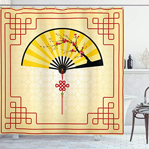ABAKUHAUS Asian Shower Curtain, Japanese Culture Hand Fan with Cherry Blossom and Traditional Lines Design, Cloth Fabric Bathroom Decor Set with Hooks, 86 Inches Extra Long, Sand Brown Yellow Red