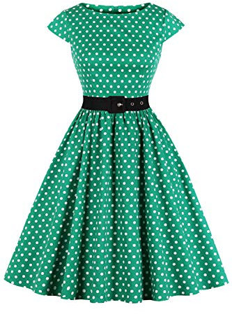 AXOE Femme Robe Vintage Années 50 Tissu Coton Respirant Coupe A-Line Ceinture Amovible Col Bateau Verte à Pois Blanche, Taille 40, M