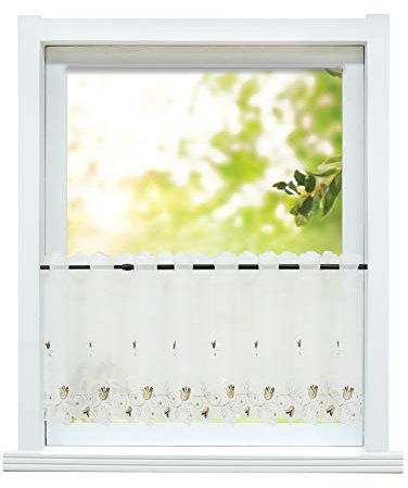 ESLIR Scheibengardine Landhaus Bistrogardine Küche Gardinen Transparent Vorhang Bestickt Kurzgardine mit Blumen Stickerei Voile HxB 60x120cm 1 Stück