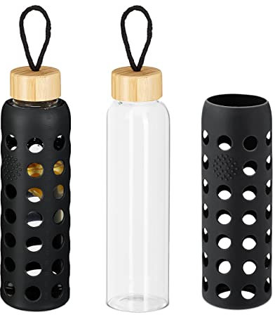 Relaxdays Glasflasche, 550ml Trinkflasche, Bambusdeckel & Hülle, auslaufsicher, Wasserflasche to go, transparent/schwarz, 60% Glas Bambus 20% Kunststoff