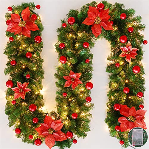 Guirnalda de Navidad con luces LED, 2,7 m (2,7 m), corona de Navidad de ratán artificial, guirnalda colgante para puerta delantera, guirnalda colgante para chimenea, escaleras, decoración del hogar