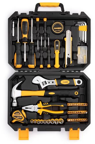 ToughHub 100 Pcs Tool Kit – DIY Hand Tool Set for Home Repairs & Maintenance - Tool Box with Tools Included Plier, Hammer, Adjustable Wrench, and Hex Key Set (2.96, Kilograms) (Yellow, 100)