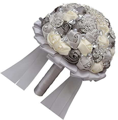 BESPORTBLE Bouquet di rose fatto a mano di diamanti in raso di perle artificiali per matrimoni e matrimoni, 1 pezzo, argento