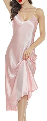 Lovasy Camicia da Notte in Raso Donna Sexy Sottoveste Lunga Seta Babydoll Spalline Regolabili Vestaglia con Scollo a V,Rosa M