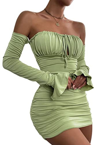 Zesoyne Women Off The Shoulder Ruched Bodycon Mini Dress Flounce Long Sleeve Tie Front Short Club Dresses Medium Light Green