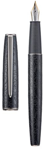 Hongdian A3 Black Aluminum Fountain Pen, Iridium Fine Nib Blossom Engraving Design, Consistent Writing Pen with Ink Converter and Metal Pen Box Set