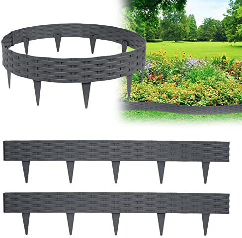 XMTECH 15m Rasenkante Beeteinfassung Gartenpalisade in Rattan-Optik, Beetumrandung Mähkante Randsteine aus Kunststoff mit 15 Elemente á 100 cm, Anthrazit