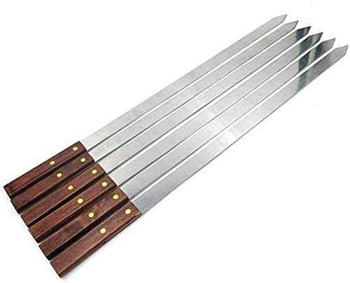 D.I.L© 6X Long BBQ Barbecue Skewers Wooden Handel Set of BBQ Grilling Kebab Skewers Flat Reusable Metal Skewer Sticks Cocktail Shish Kabob 60CM Long