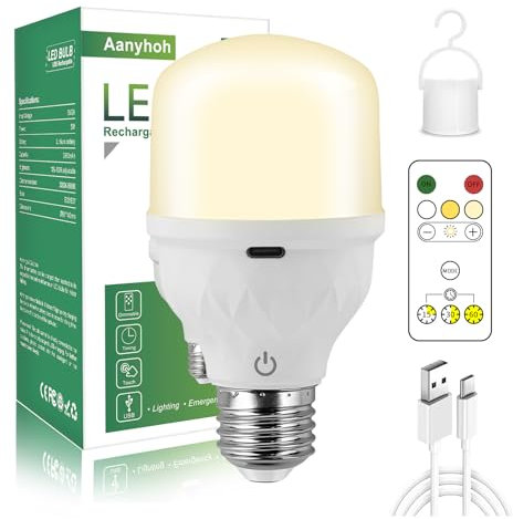 Bombilla Recargable USB con Control Remoto, 5W Bombilla de Bateria E27 Regulable Control Táctil, LED Faroles de Acampada Portátil con Gancho, Lámpara de Camping para Trabajar y Exteriores Emergencias