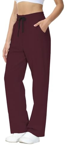 HMIYA Jogginghose Damen Baumwolle Freizeithose Lang offenem Boden Yogahose Sporthose Geradem Bein Hose mit Taschen(Tiefrot M)