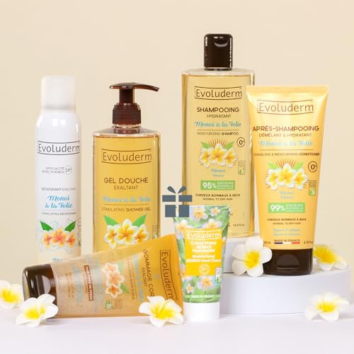 EVOLUDERM - Routine Hydratante 6 produits Corps & Cheveux + Pince Cheveux OFFERTE - Démêle & Sublime - Monoï à la Folie - Ingrédients d'Origine Naturelle - Végan - Fabrication Française
