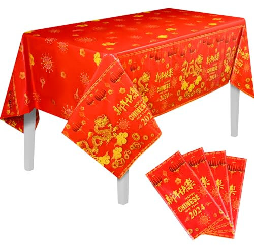 Lot de 4 nappes décoratives rectangulaires en plastique imperméables pour le Nouvel An chinois 2024, 137,2 x 274,3 cm, pour cuisine, salle à manger, fête de printemps