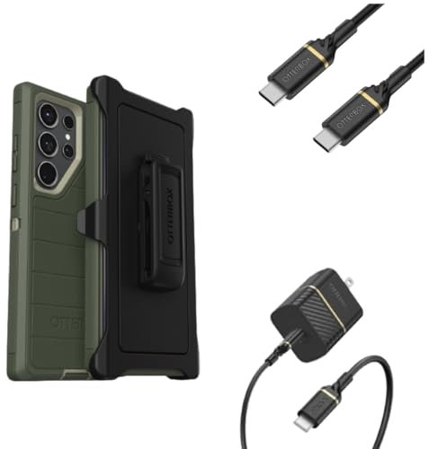 OtterBox, Defender Series Case for Galaxy S23 Ultra, Lichen The Trek (Green), Holster, Polycarbonate, Includes 20W USB-C Charger