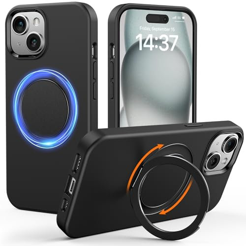 Gatatol for iPhone 15 Plus Case, [Compatible with MagSafe] Fusion+ Silicone Shockproof Slim Fit Phone case with 360°Rotatable Magnetic Ring Holder Kickstand for iPhone 15 Plus (Black) 2023