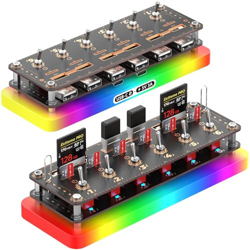 AODUKE Cyberpunk 6-Port USB2.0-Hub, USB-unabhängiger Switch-Splitter-USB-Expander,USB-Laufwerkgehäuse/SD/TF-Karten-Aufbewahrungsbox, Retro-USB-Desktop-Controller,RGB LED Dockingstation-06R-A