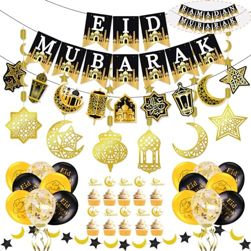 AhfuLife Decoration Aid Moubarak , Pré-installés Ramadan Mubarak Décoration, Eid Mubarak Ramadan Bannières, Aid Guirlande Ramadan Lanterne Etoile Lune, Eid Ballons Or Noir, Decoration Ramadan 2025