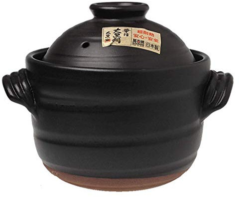 Hot Pot Round Ceramic Casserole Japanese Donabe Rice Cooker with Double lid Clay Rice Pot Slow stew Heat-Resistant Glazed Earthenware Pot Black Soup Pot 0.9 l