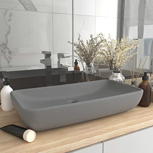Gecheer Luxus Waschbecken Rechteckig Waschtisch Aufsatzwaschbecken Waschplatz Handwaschbecken Aufsatzwaschtisch Matt Hellgrau 71 x 38 x 13,5 cm (B x T x H),Keramik