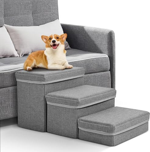Couleeur Dog Steps,3 Steps Dog Stairs Foldable Dog Ramp with Storage Box,Pet Stairs for Bed SofaSoft Non-Slip,Help Pet Easily Up Down, Dog Ramp Perfect for Small Dogs Cats(Grey)