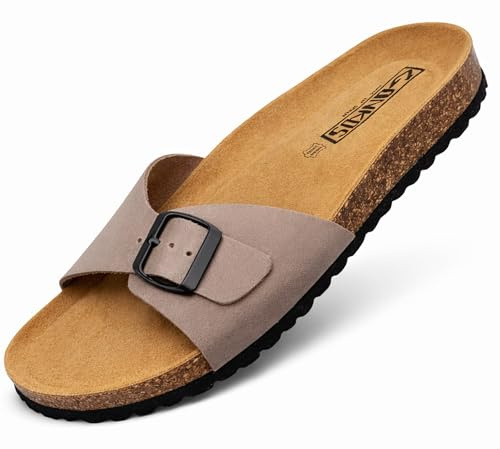 GONKOS®, Sandalias de Piel con Plantilla de Corcho, Piel Autentica, Corcho Natural, Hebilla ajustable, Sandalias de Pala para Mujer, Sandalias de Calidad Hechas en España, Color Piedra Talla 38