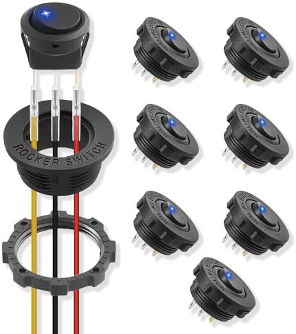 Wzhtuzi 8 PCS Kippschalter Rundschalter, 2V-24V 3 Pin Rund EIN/AUS Schalter mit LED Licht, Kippschalter mit Beleuchtung, Wasserdicht Wippschalter für Auto Truck KFZ Beleuchtet Boot Yacht (Blau)