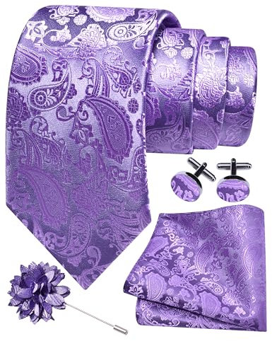Gusleson Mens Lavender Tie Paisley Wedding Light Purple Necktie Pocket Square Cufflinks and Lapel Pin Brooch Set (UK6105-14)
