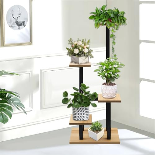 Gemsaya Support pour plantes à 5 niveaux, grand support de plantes en métal de 84 cm, support d'angle pour fleurs à plusieurs niveaux (noyer)