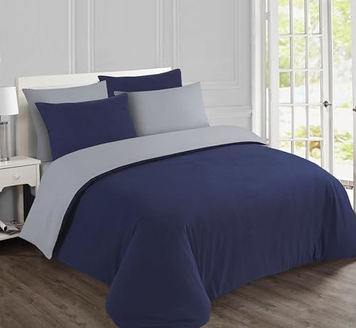 Vision Wende-Bettwäsche, Flanell, Blau/Grau, Bettbezug 260 x 240 cm, mit 2 Kissenbezügen, für Doppelbett, Kingsize, 100% Baumwollflanell, weich und warm