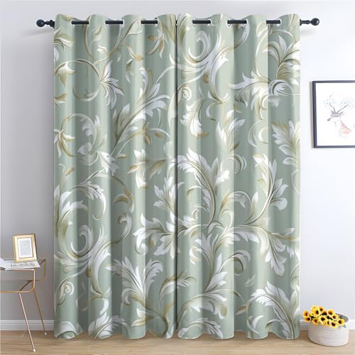 Vintage Floral Curtains for Bedroom Living Room, Light Green And White Patterned Blackout Curtains, Thermal Insulated Eyelet Curtain, 72 Drop Window Treatments Drapes, 66x72 Inch (W x L), 2 Panels