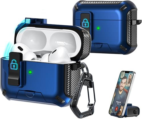 R-fun Compatible con AirPods Pro 2.ª generación/1.ª Fundas para Auriculares de generación, diseño de Funda Protectora con expulsión automática Totalmente a Prueba de caídas,Negro+Azul