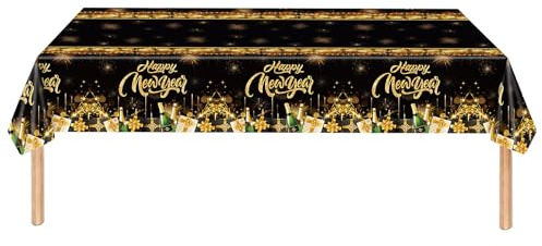 Tischdecke Silvester, Silvester Deko 2026, 137 * 274cm Schwarz Gold aus Kunststoff Happy New Year Tischdecke, Geeignet für Deko Silvester Party 2026 Silvester Party (1)