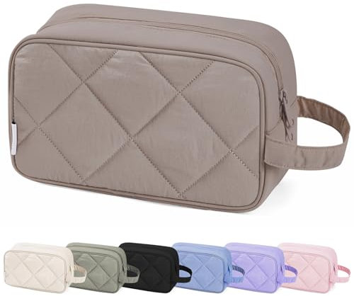 Narwey Große Kosmetiktasche für Damen - Reise-Kulturtasche mit Reißverschluss Kulturbeutel wasserdichtes Reise Essential (Gesteppt Dunkelbraun)