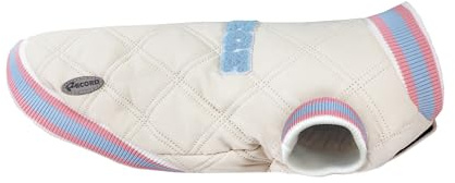 Record - College Hundemantel, gesteppt und gepolstert. Hundemantel mit Leinenloch, Klettverschluss und verstellbaren Gummibändern für Bequemlichkeit. | Beige/Lila, S - Rückenlänge 35 cm