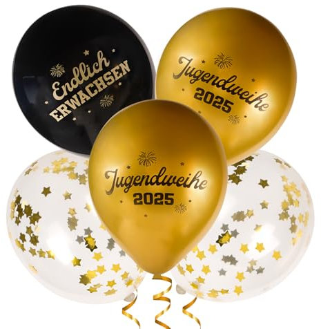 BETESSIN Jugendweihe 2025 Deko Schwarz Gold - Endlich Erwachsen - 24 Stück Jugendweihe Luftballons in 3 Stilen - Latex Ballon 12 Zoll - Hängende Dekoration für Junge und Mädchen