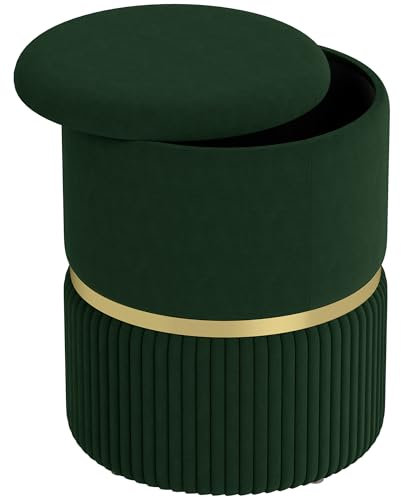 HOMCOM Round Storage Stool, Velvet-feel Fabric Upholstered Vanity Stool with Removable Top, Padded Seat and Hidden Space for Living Room, Bedroom, Dark Green