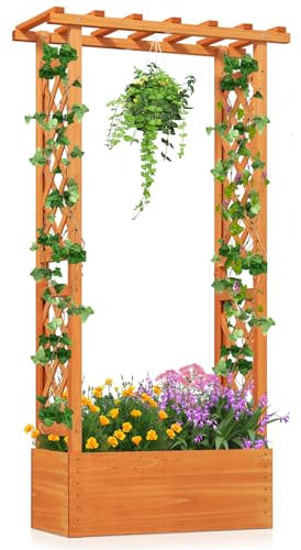 COSTWAY Hochbeet mit Rankgitter & hängendem Dach, Pflanzkasten mit Rankhilfe, Blumenkasten für Kletterpflanzen & hängende Körbe, für Garten Hof Terrasse, Pflanzgefäß aus Holz, Orange, 66x32x152cm