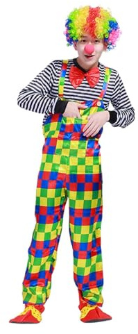 Caxndycing Clown Costume Men's Long Colourful Dungarees Adult Striped Tops Striped Clown Trousers Bow Tie Circus Clown Costume Cosplay Carnival Theme Party Outfits