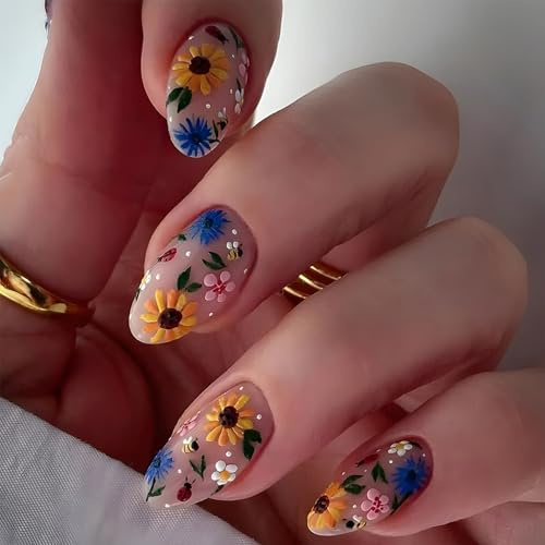 GlamRays Press on Nails für Frauen Kurz Blumen French Almond Nail Tips Acrylnägel Falsche Nägel Press 24 Stück