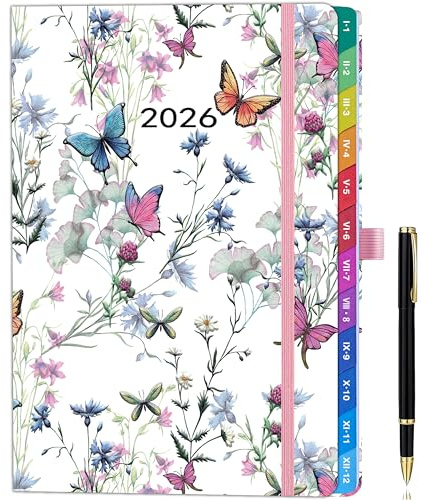 A5-Wochenplaner 2026 mit monatlichen Trennwänden, Gummibandverschluss, Kunstleder-Cover, inklusive Stift – Terminplaner 2026 mit Wochenansicht für eine tägliche Organisation.
