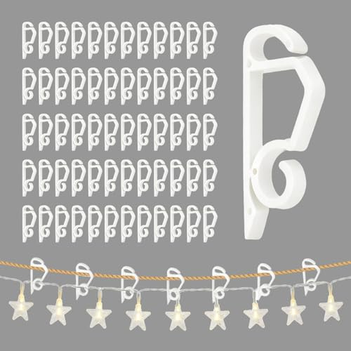 Gutter Hooks for Outdoor Lights, 60 Pcs Christmas Light Clips, Plastic Gutter Hanging Hooks, String Lights Clips for Christmas, Holiday Party, and Garden Decoration (White)