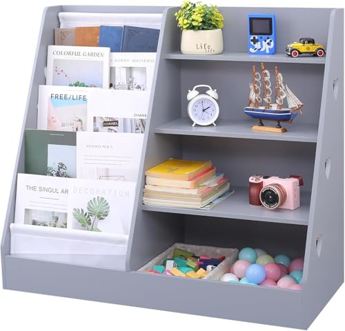 DEZYN 4 Tier Kids Bookshelf and Storage Organizer with 5 Sling Pockets, Wooden Baby Toddler Bookcase with Display Cabinet Large Storage for Playroom, Nursery, Bedroom, Classroom, School (Grey)