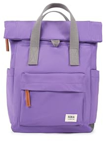ROKA London Canfield B Small Sustainable Nylon Backpack Fresh Purple | Compact roll top backpack with wide zip opening, tablet storage, secret pocket, side pockets and adjustable shoulder straps