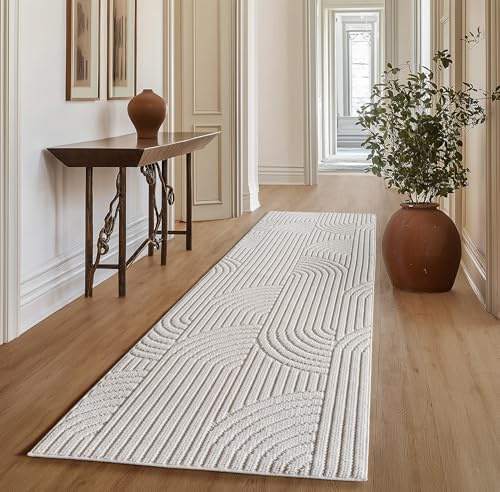 SIMPEX Teppich Läufer 80x150 cm Creme Boho Design Bouclé Schlingenflor Skandi Stil Superweich Robust Pflegeleicht Moderner Flurteppich für Eingangsbereich Schlafzimmer Küche
