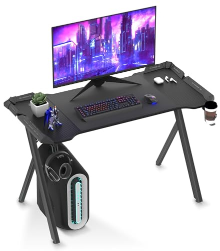 XMTECH Gaming Tisch Schwarz mit RGB LED, Carbon Tischplatte, 120 cm PC Schreibtisch, Computertisch, Y-förmige Beine, ergonomisch, Becherhalter & Kopfhörerhaken, für Gaming, Streaming & Homeoffice