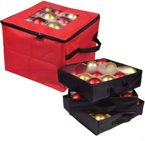 Entgoinggo Christmas Bauble Storage Box, Christmas Decoration Storage Box Holds Up To 48 Xmas Balls, With 3 Removable Trays And Dividers(Red)