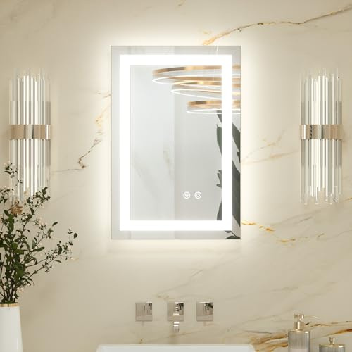 Keonjinn Badspiegel mit Beleuchtung 40x60cm, Badezimmerspiegel Beleuchtet Beschlagfrei Led Bad Spiegel mit Touch Schalter, 3 Lichtfarben Dimmbar Speicherfunktion Badezimmer Wandspiegel Ohne Rahmen