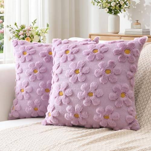 Artscope 2er Set Wolle Blumen Kissenbezüge Weicher Plüsch Kurzer Wollsamt Dekokissenbezüge Frühjahr Sommer Kissenhülle Saisonale Sofakissen für Sofa Schlafzimmer Lila, 40x40cm