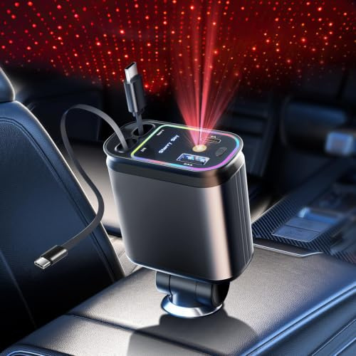 XIANGBIN Retractable Car Charger 4 in 1 Car Charger Adapter | with Retractable Cables and Voltage DisplayWith USB/USB-C Ports Compatible with iPhone 17/16/15, Android, Samsung Galaxy