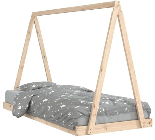 Kinderbett 90x200 cm aus massivem Kiefernholz mit stabilem Lattenrost, Tipi-Bett Design, geeignet für Kinder ab 4 Jahren, Kinderzimmer, Einzelbett, natürliches Holz